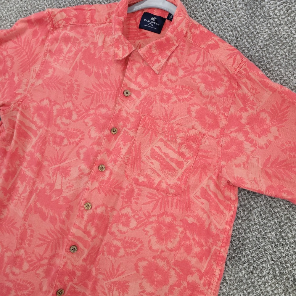 Caribbean Joe Mens Large Coral Pink Tropical Hibiscus Floral Button Down Shirt - Picture 1 of 9